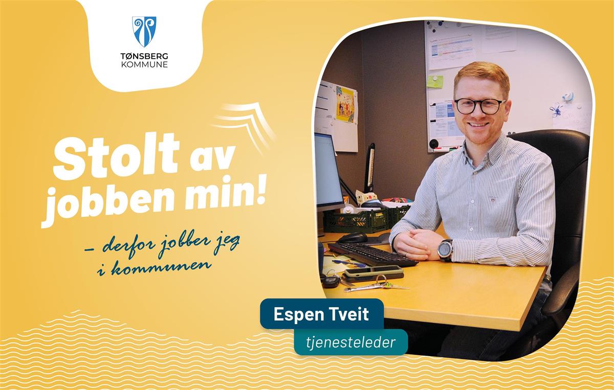 Espen Tveit på sin kontorplass i Ulvikveien  - Klikk for stort bilde