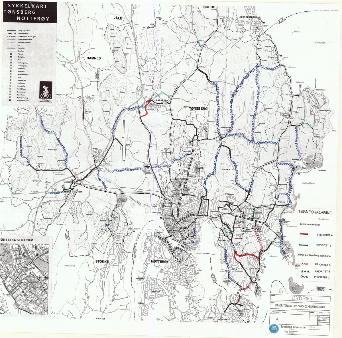 Kart med sykkelruter i Tønsberg kommune - Klikk for stort bilde