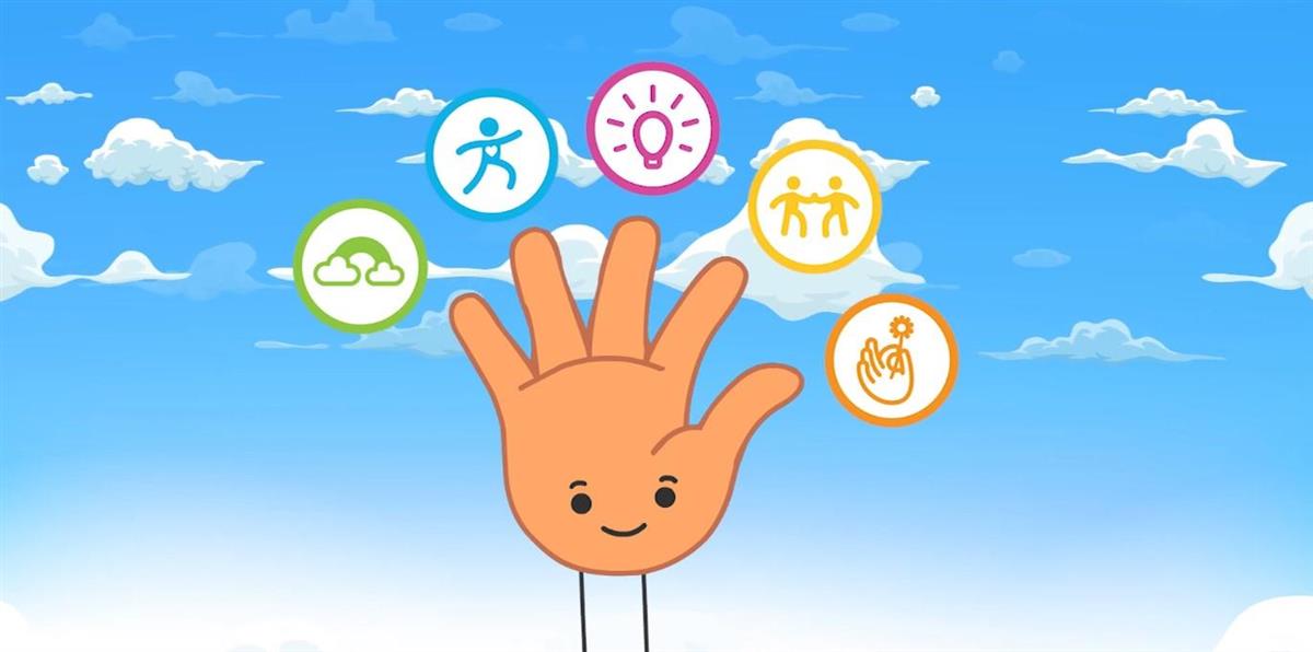 Tegnet hånd med fem ikoner som henger over hver finger. - Klikk for stort bilde