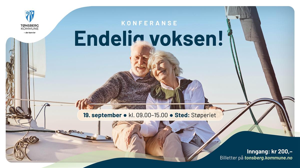 Et eldre par foran på en båt. Informasjon om tid og sted for konferansen skrevet på bildet: Støperiet, 19. september kl. 09.00 - 15.00. - Klikk for stort bilde