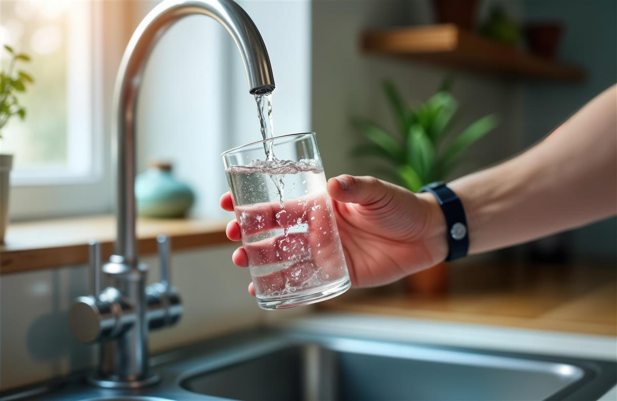 Et glass fylles med vann når det holdes under ei kran - Klikk for stort bilde