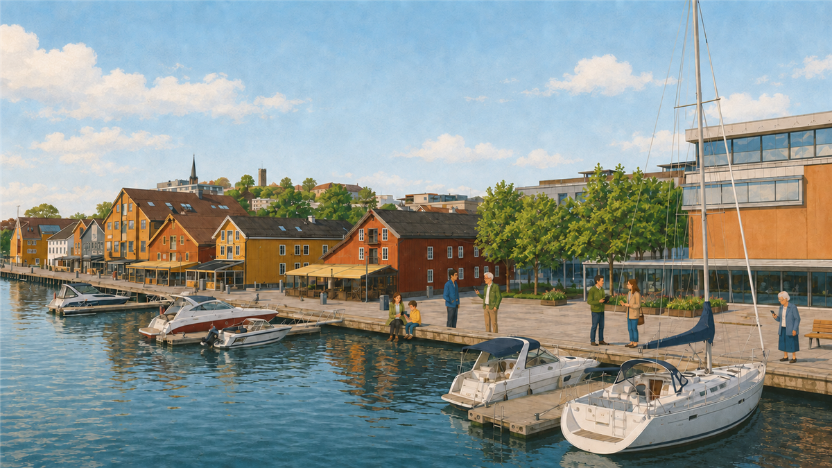 Illustrasjon av brygga i Tønsberg - Klikk for stort bilde