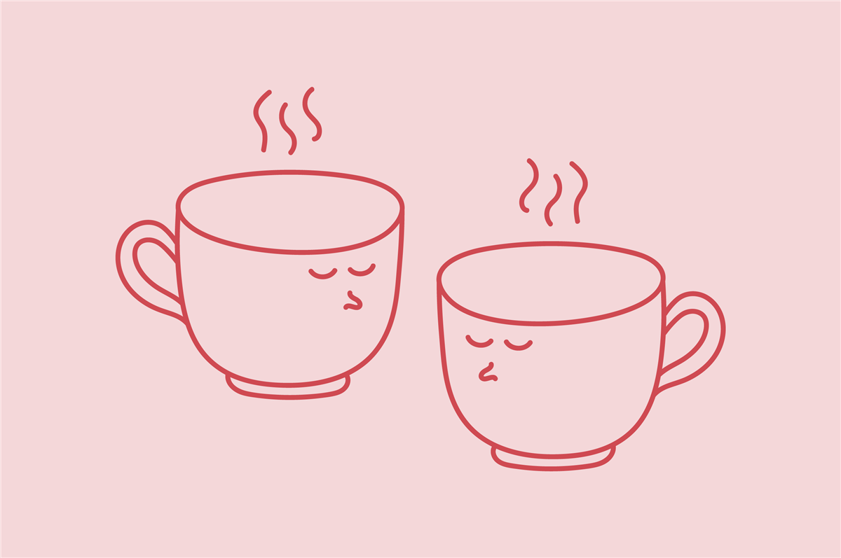 To kaffekopper som snakker sammen. - Klikk for stort bilde