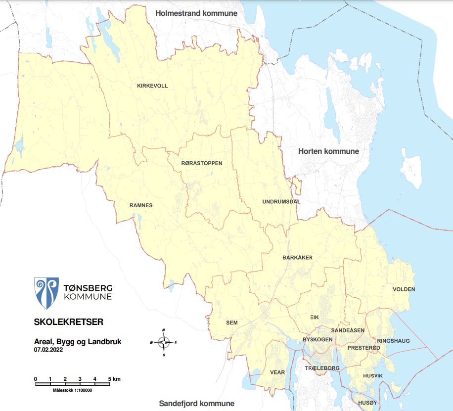 Kart med inndeling av skolekretser i Tønsberg kommune - Klikk for stort bilde