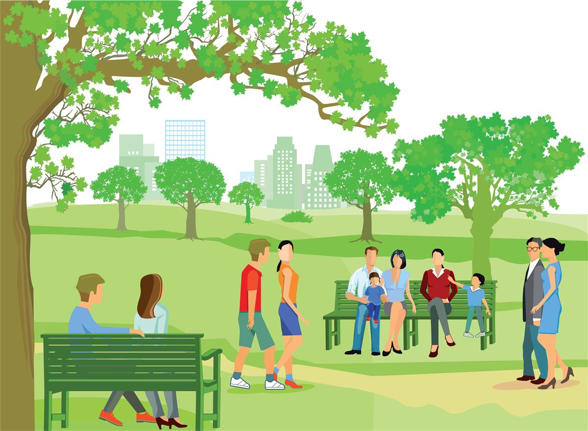 Mennesker i ulike faser går i en park med trær og krakker. - Klikk for stort bilde