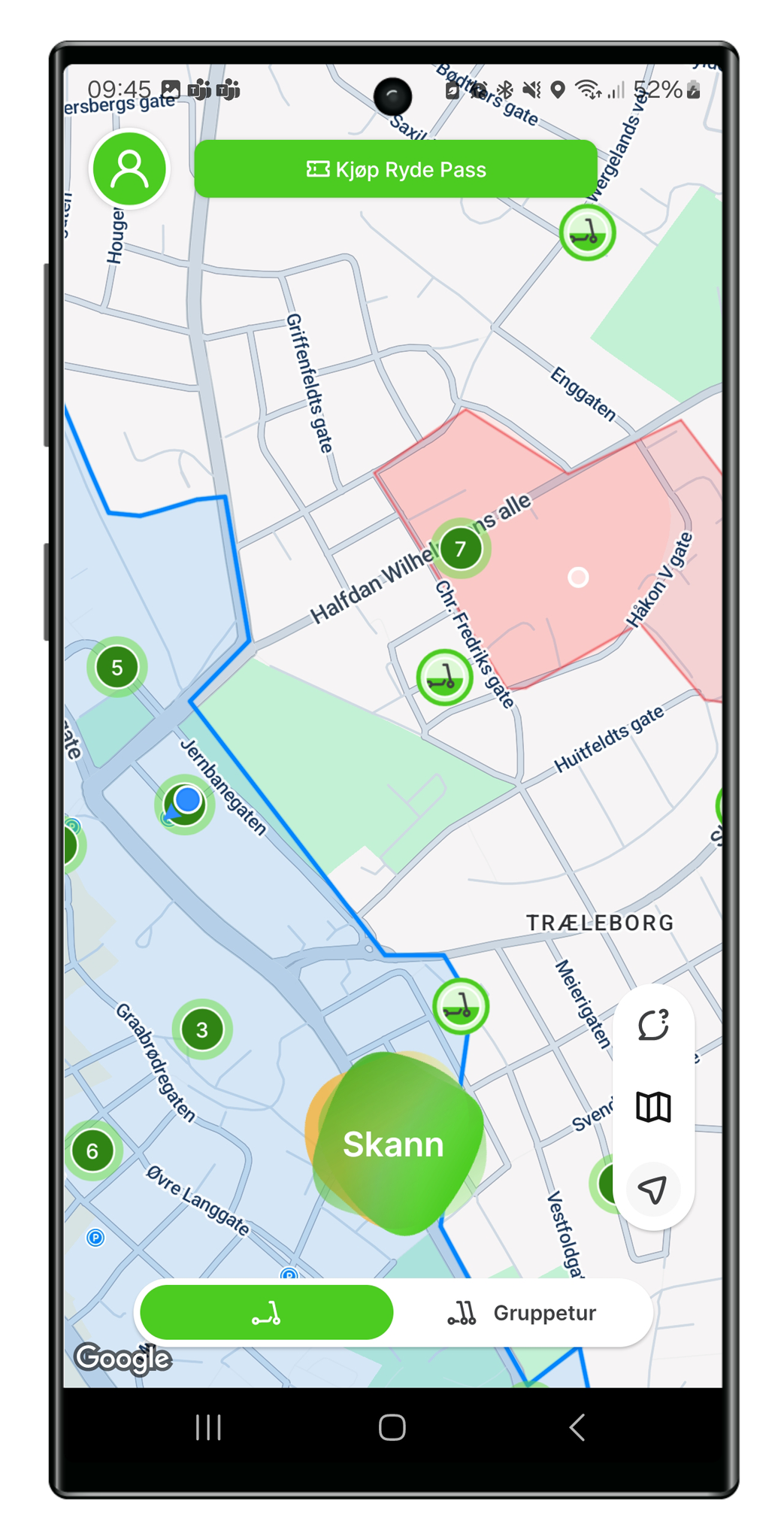 Kartet i Ryde-appen - Klikk for stort bilde